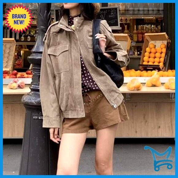 Vintage Faux Suede Leather Jacket Oversized Bomber with Pockets - Picture 2 of 7